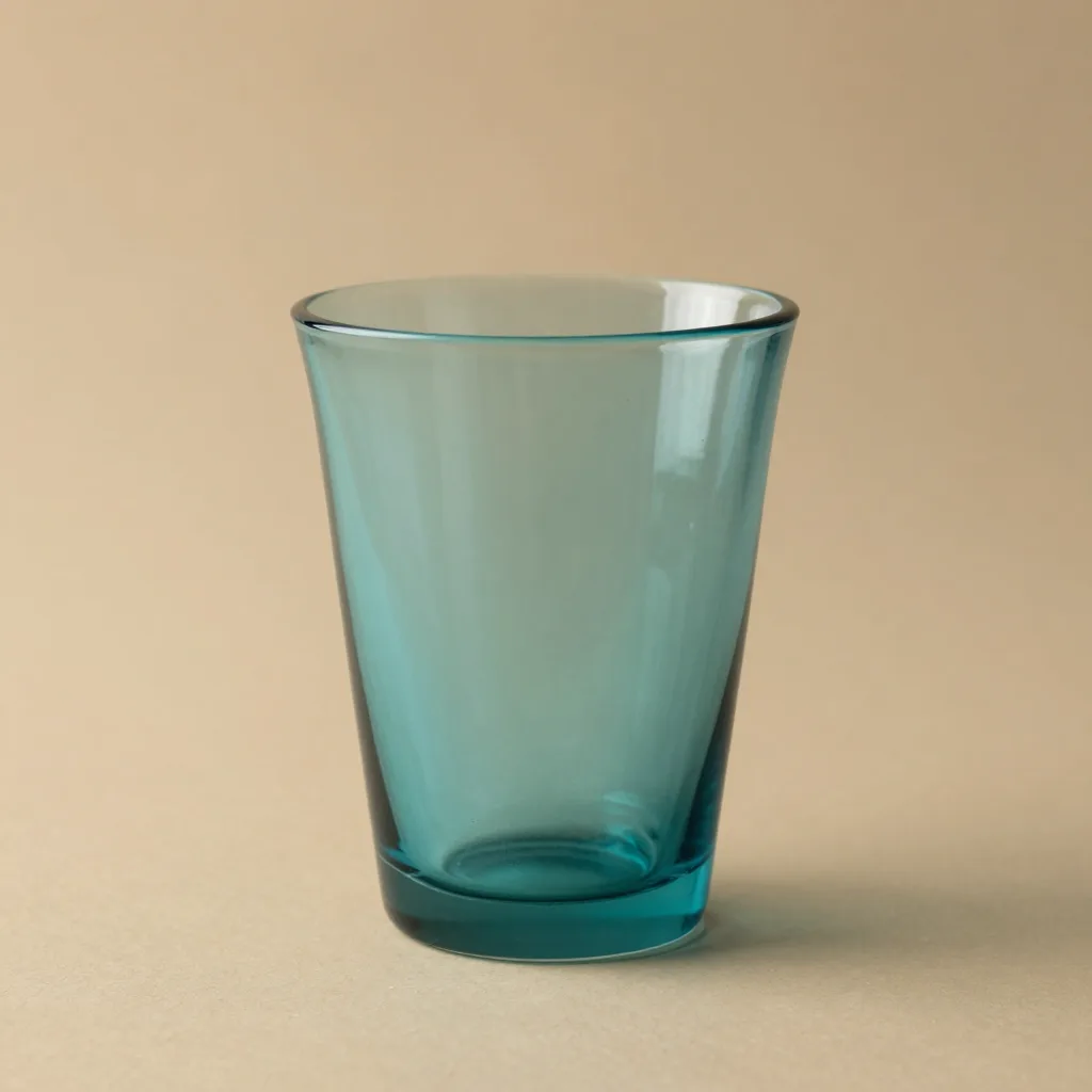 A hand-blown Murano tumbler in aqua on a light background