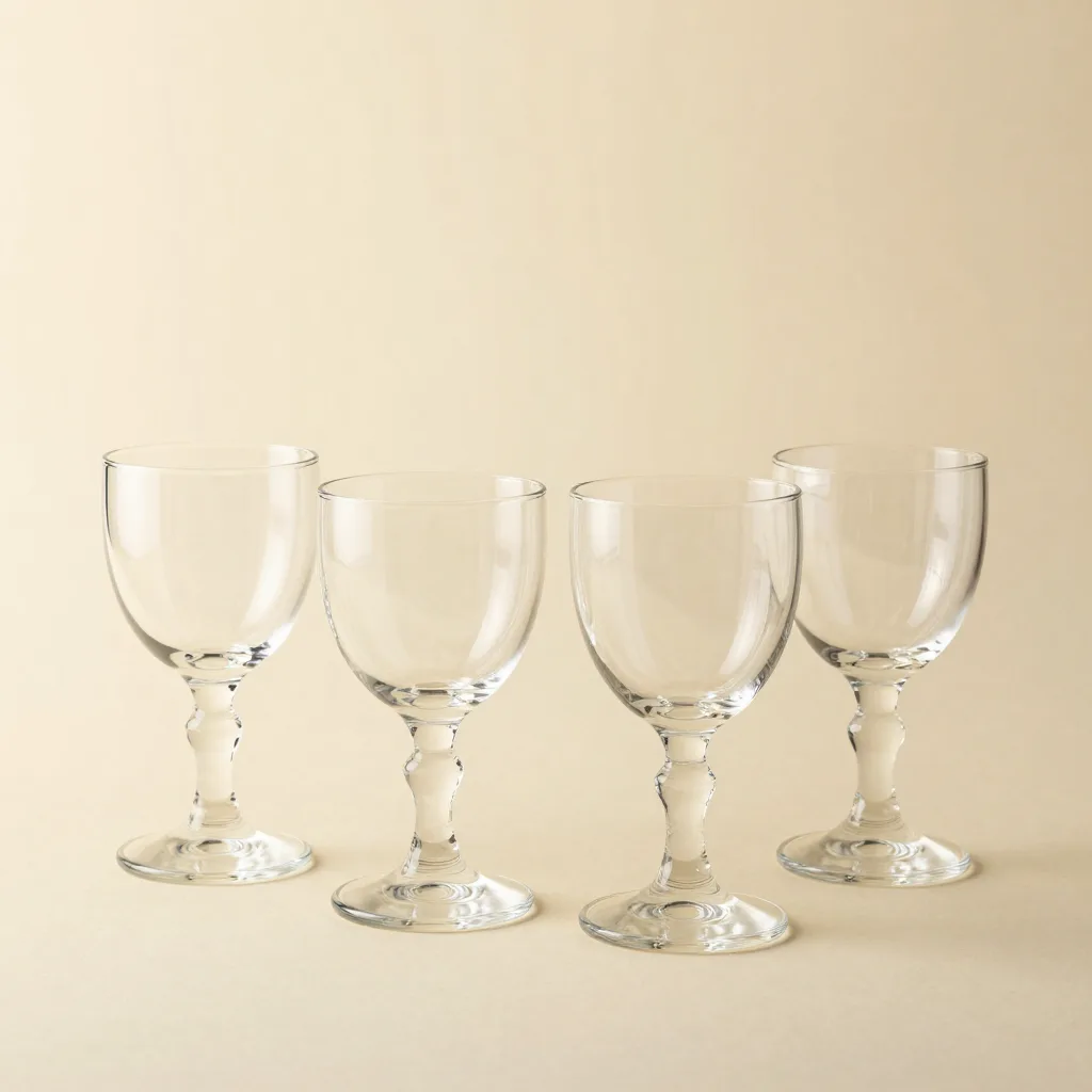 Four hand-blown Murano water glasses on a light background