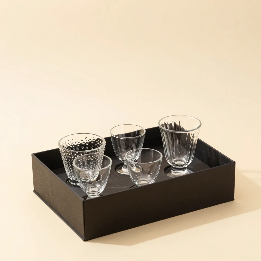 An artisan glass gift set in a gift box on a light background